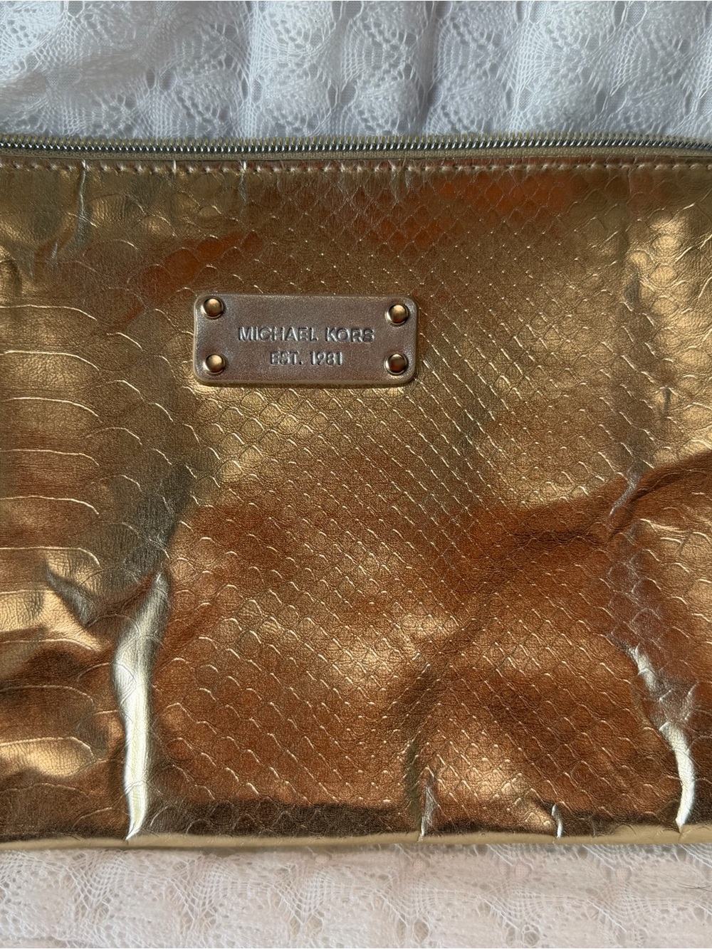 Michael Kors Metallic Gold Snake-Embossed Clutch